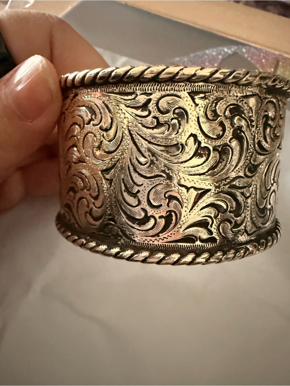 Ornate Engraved Cuff Bracelet - Gold Tone